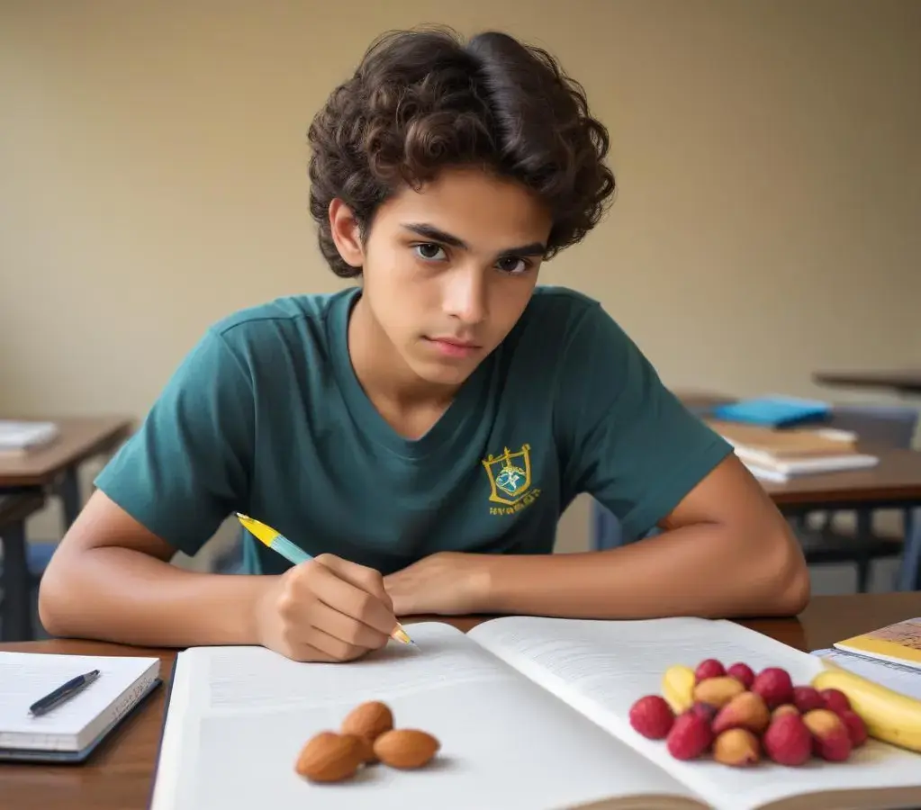 Um estudante dedicado se prepara para o Enem, com livros abertos e alimentos saudáveis como frutas e castanhas à mão, evidenciando a importância da nutrição para a concentração e memória.