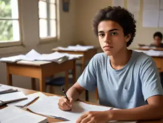 Estudante revisa cadernos e materiais para se preparar para os **temas de redação Enem**, focando em repertório sociocultural e análise crítica.
