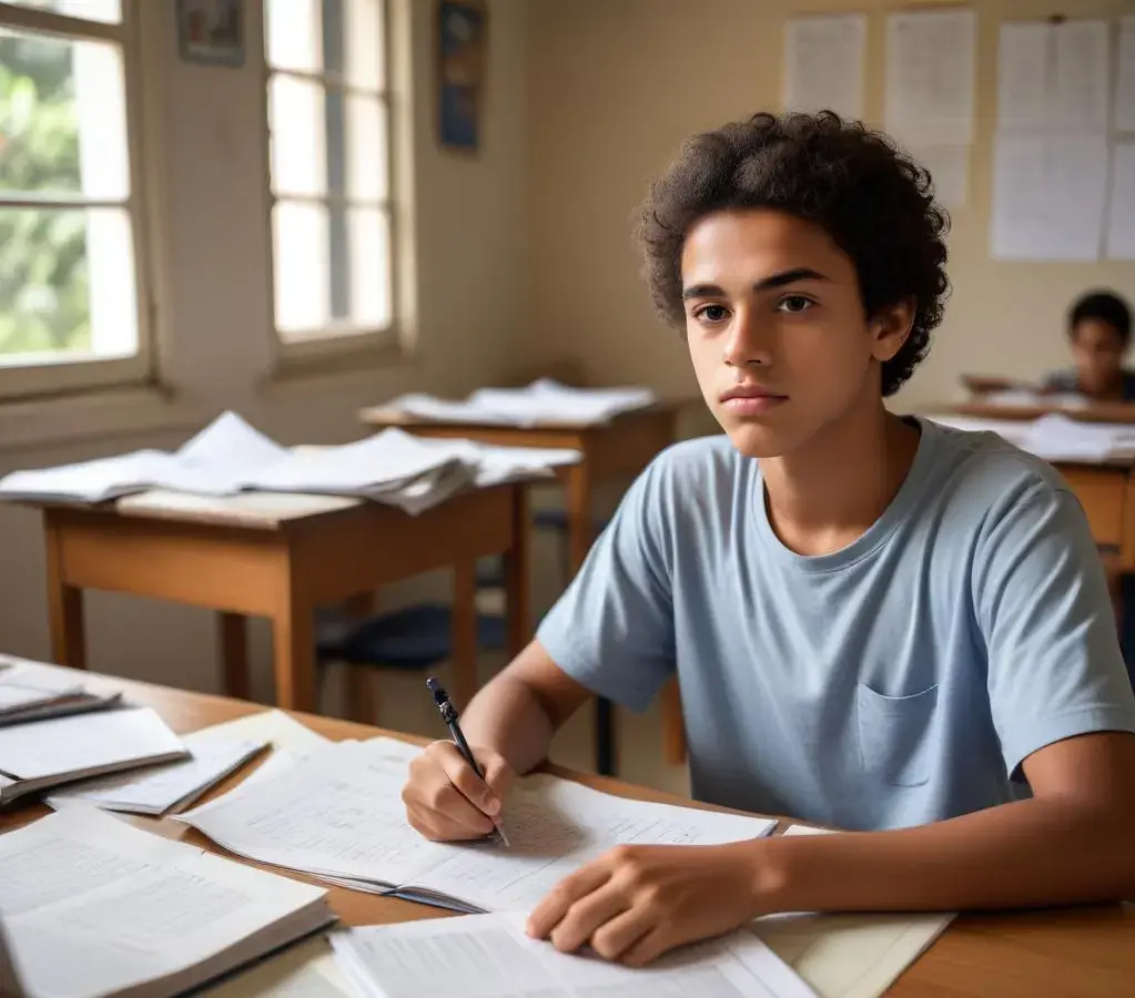 Estudante revisa cadernos e materiais para se preparar para os **temas de redação Enem**, focando em repertório sociocultural e análise crítica.