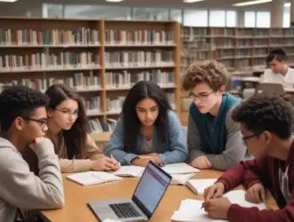 Jovens estudantes colaboram e se dedicam à criação de seus planos de estudos para o Enem 2026, utilizando recursos diversos em uma biblioteca moderna.