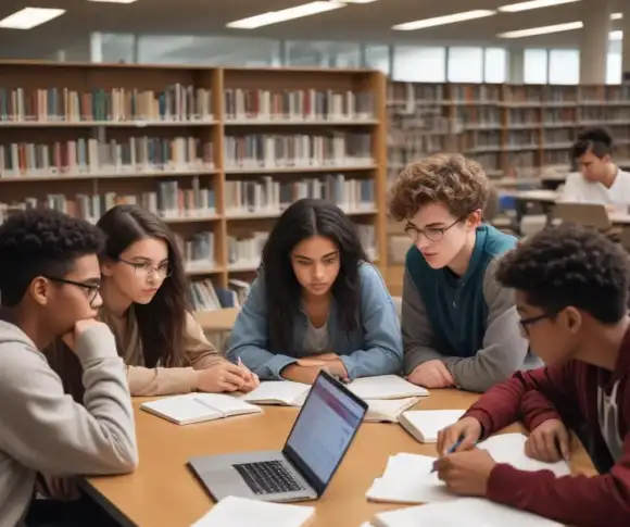 Jovens estudantes colaboram e se dedicam à criação de seus planos de estudos para o Enem 2026, utilizando recursos diversos em uma biblioteca moderna.