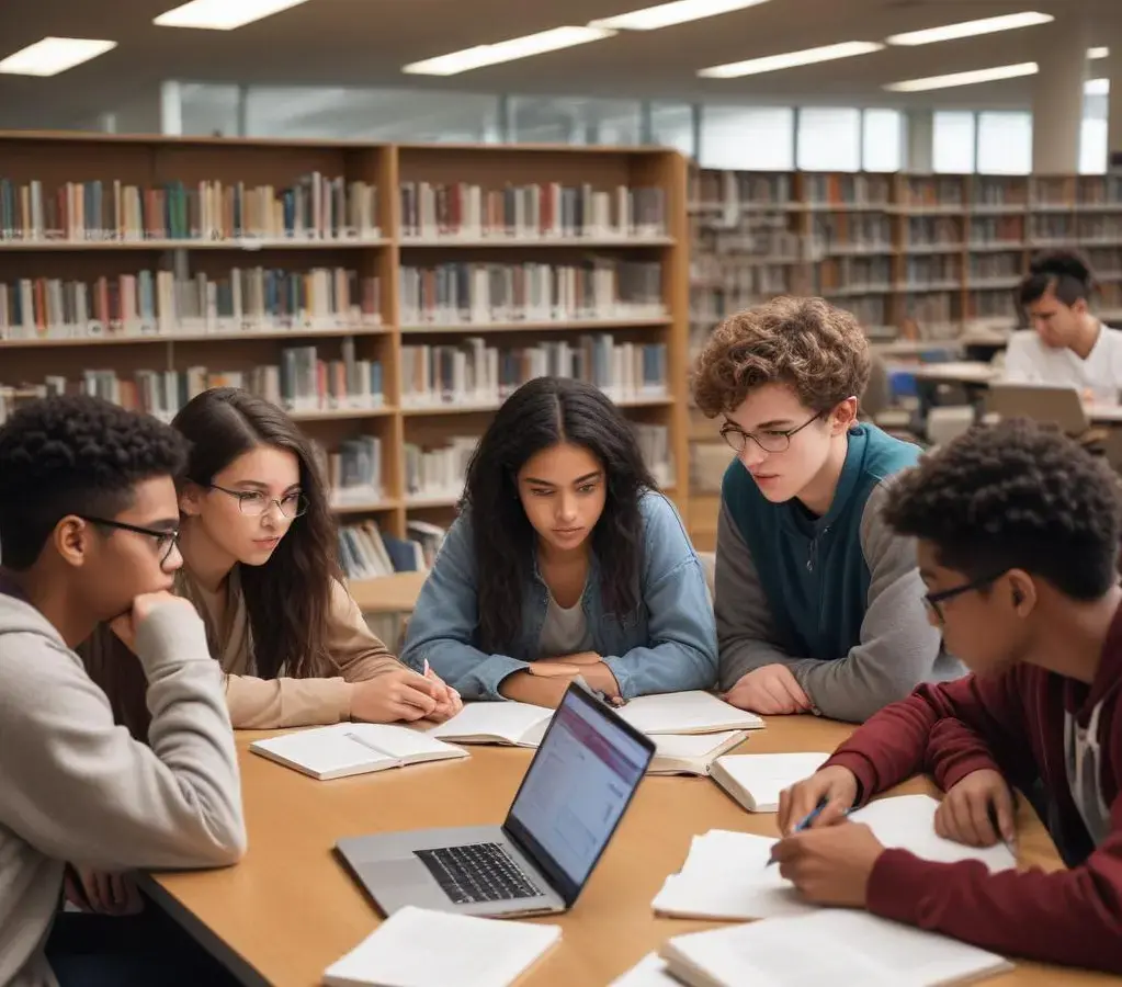 Jovens estudantes colaboram e se dedicam à criação de seus planos de estudos para o Enem 2026, utilizando recursos diversos em uma biblioteca moderna.