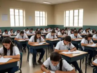 Estudantes em sala de aula durante a realização de prova, refletindo o novo contexto de avaliação educacional do país.