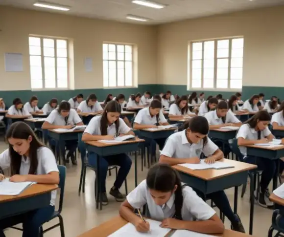 Estudantes em sala de aula durante a realização de prova, refletindo o novo contexto de avaliação educacional do país.