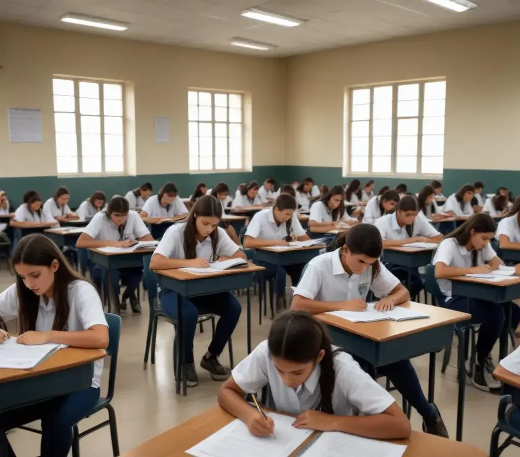 Estudantes em sala de aula durante a realização de prova, refletindo o novo contexto de avaliação educacional do país.