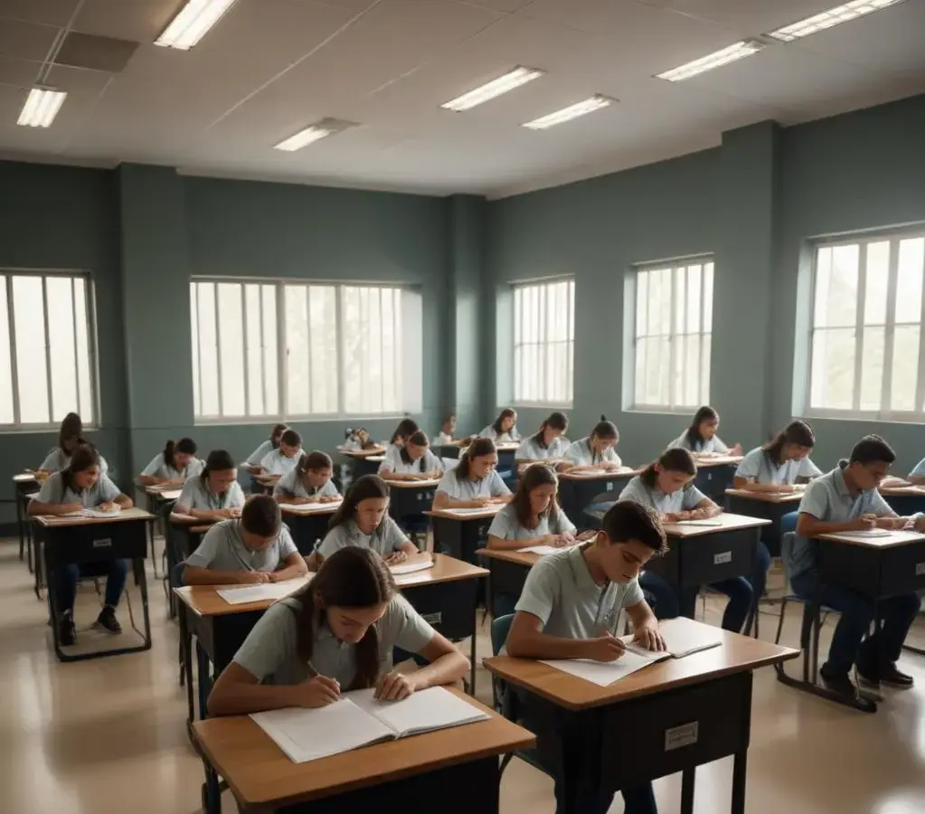 Estudantes concentrados durante a realização da prova do Enem, agora peça fundamental no monitoramento da educação básica.