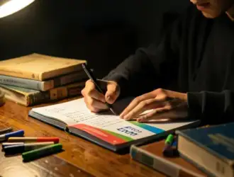 Estudante utilizando o caderno de erros para revisar conteúdos importantes na reta final de preparação para o Enem.