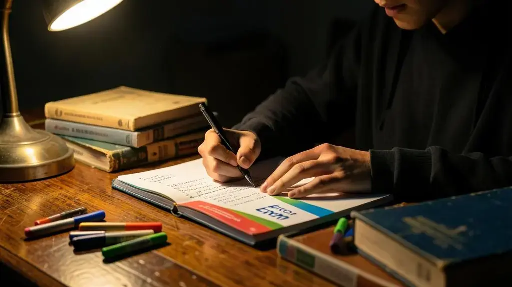 Estudante utilizando o caderno de erros para revisar conteúdos importantes na reta final de preparação para o Enem.