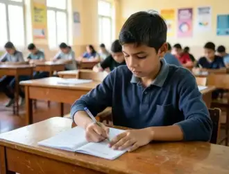 Estudante aplicando técnicas de eliminação de alternativas durante a prova do Enem em sala de aula.