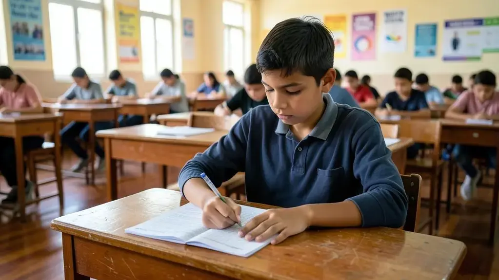Estudante aplicando técnicas de eliminação de alternativas durante a prova do Enem em sala de aula.