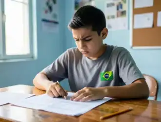 Estudante concentrada durante a realização de uma prova do Enem, aplicando estratégias de gestão de tempo e identificação de questões.