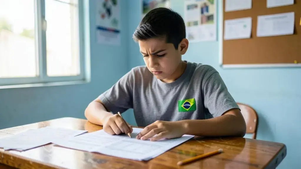 Estudante concentrada durante a realização de uma prova do Enem, aplicando estratégias de gestão de tempo e identificação de questões.