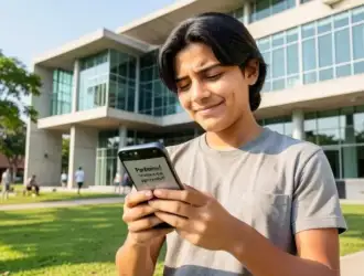 Estudante confere informações sobre o local de prova do Enem 2026 pelo celular em ambiente externo.